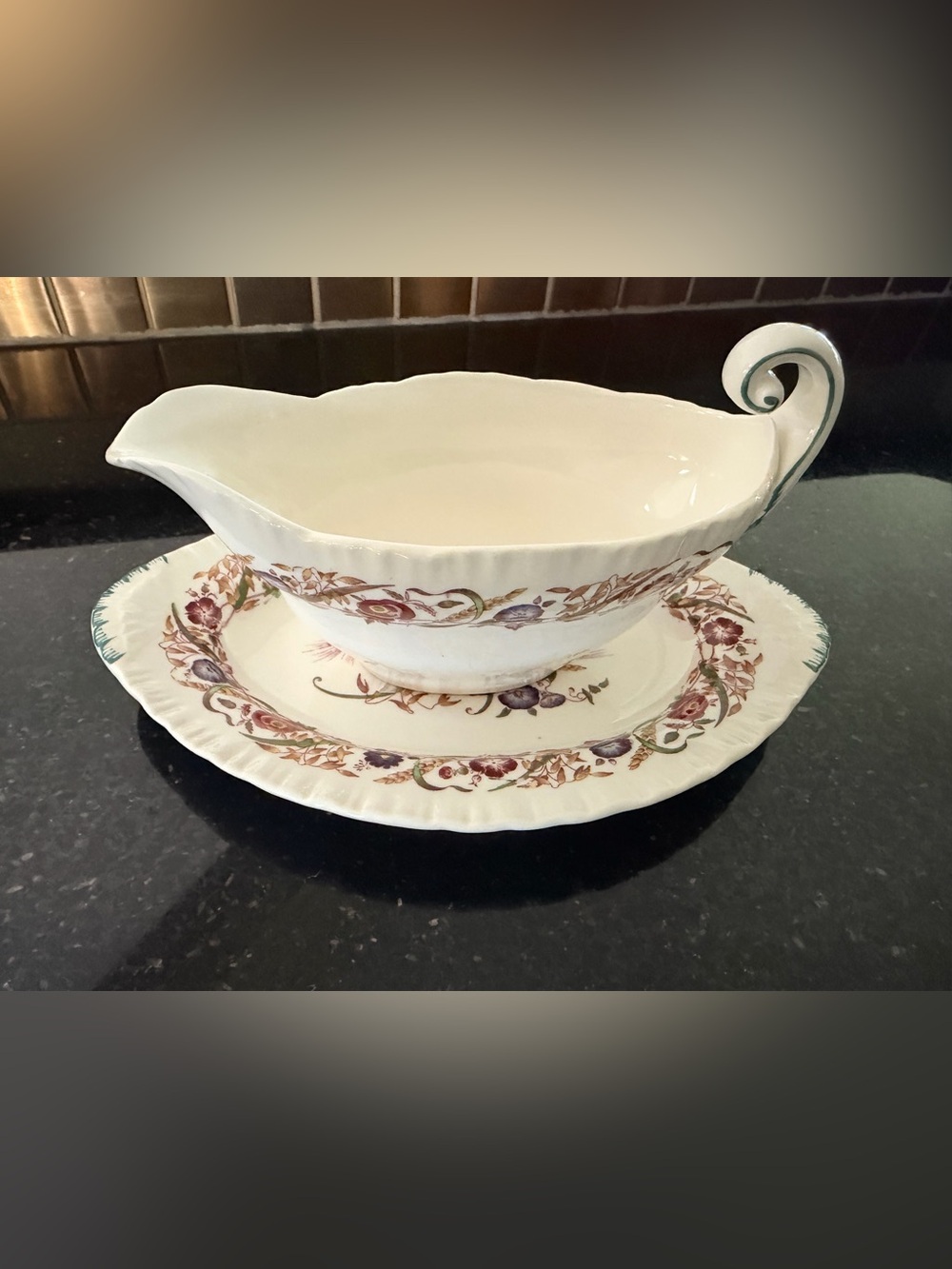 Wedgwood White Gravy Boat with Floral Border CORNFLOWER print